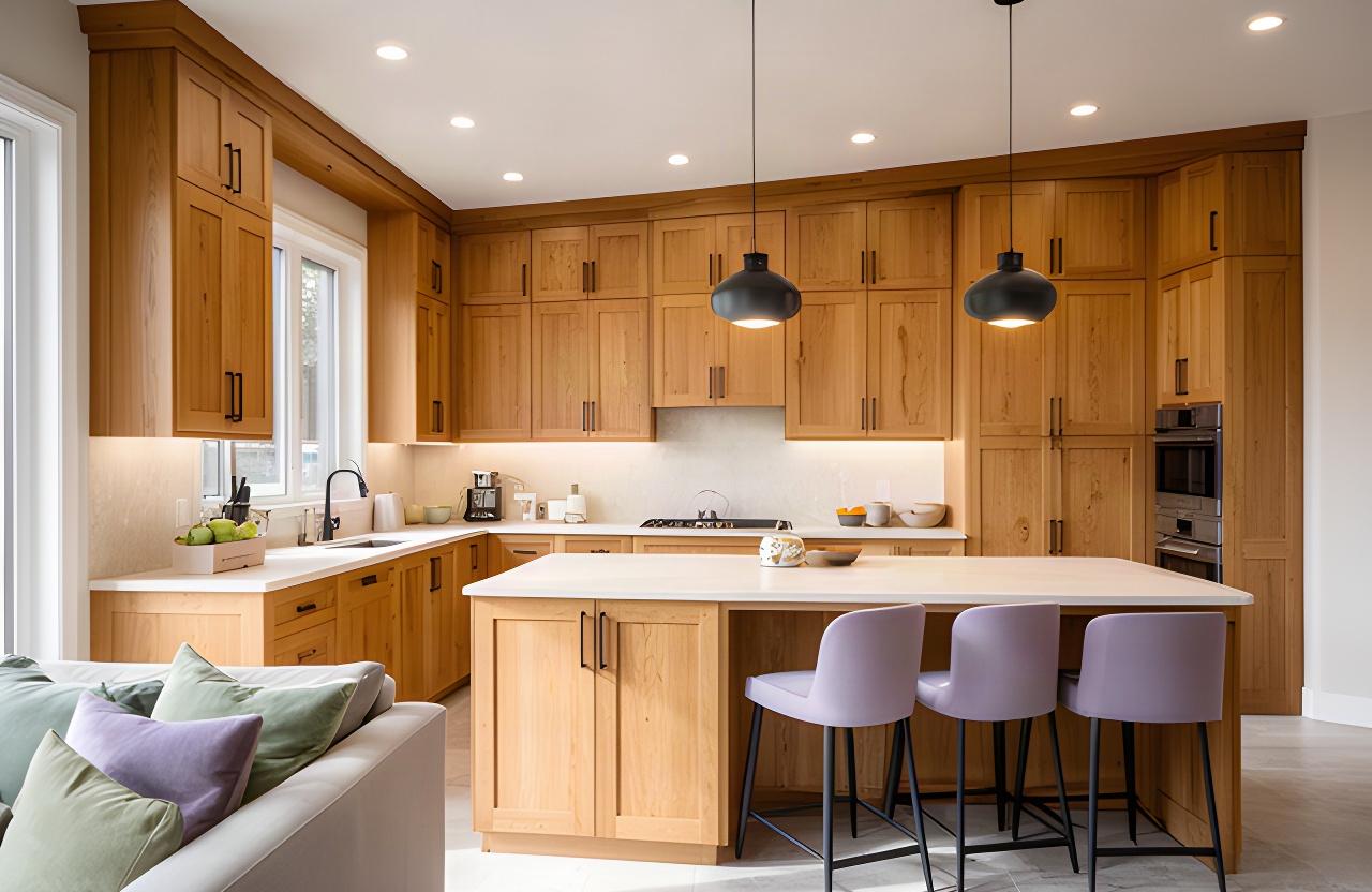 Modern kitchen renovation with warm wood cabinetry and stone countertops in a Sudbury residence