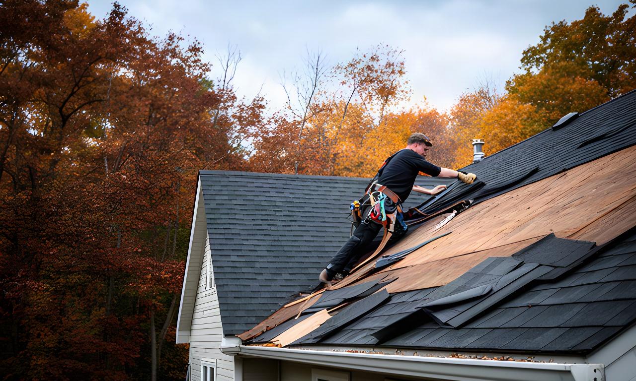 Roofer installing new shingles on a Sudbury home with autumn trees in the background