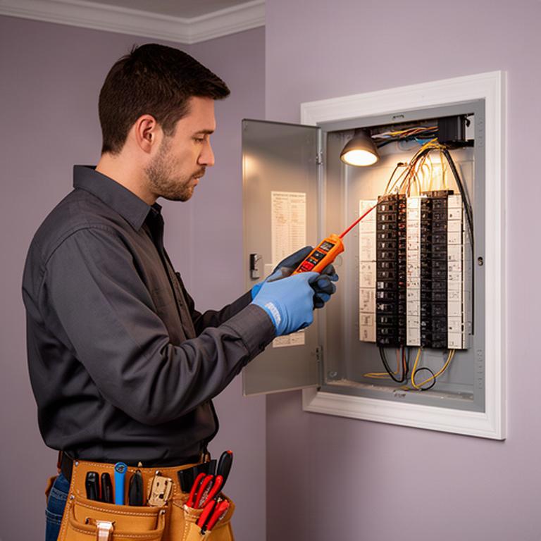Electrician testing a residential electrical panel beside a finished basement wall in Sudbury