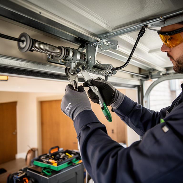 Technician adjusting a garage door spring and track mechanism inside a Sudbury garage