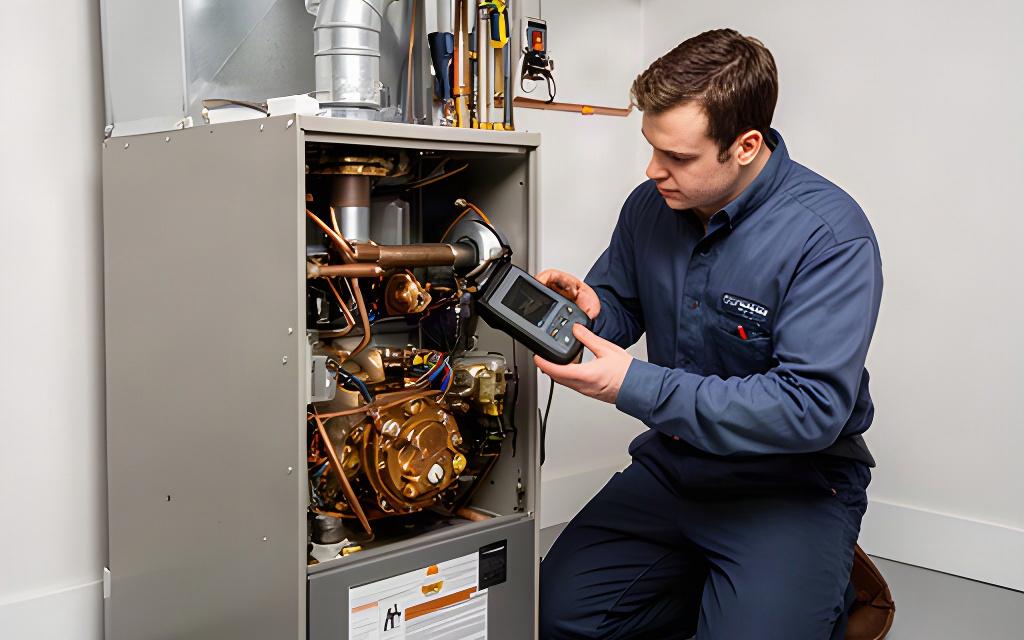 Heating technician inspecting a residential gas furnace in a Sudbury utility room