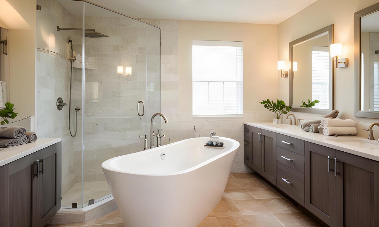 Renovated bathroom with a double vanity, freestanding soaker tub, warm tile floor, and glass shower.
