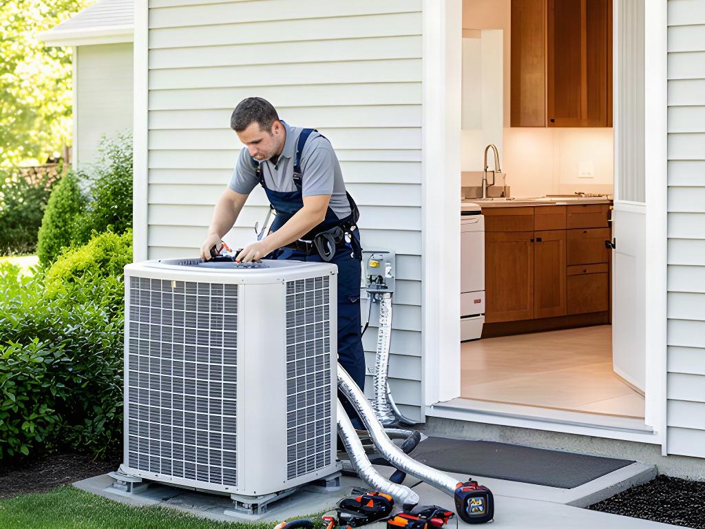 Technician servicing an outdoor air conditioning condenser beside a home while a kitchen appliance repair is prepared indoors